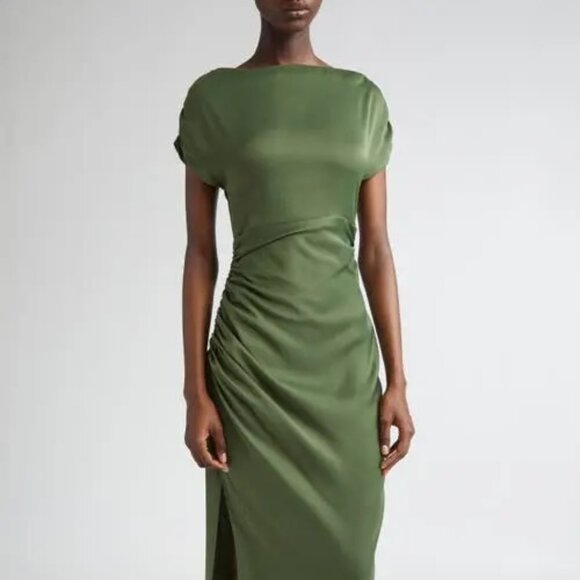 Lela Rose Heather Crepe Satin Ruched Dress Gown Forest Green - Picture 8 of 14